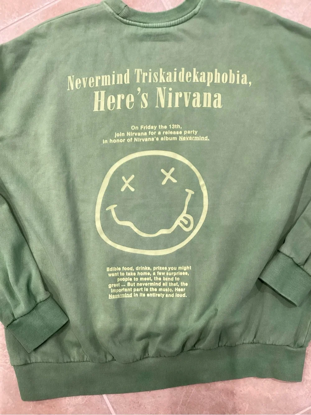 Nirvana 90’s “Nevermind” Green 2 Sided Adult Sweatshirt Sz Large - IEC